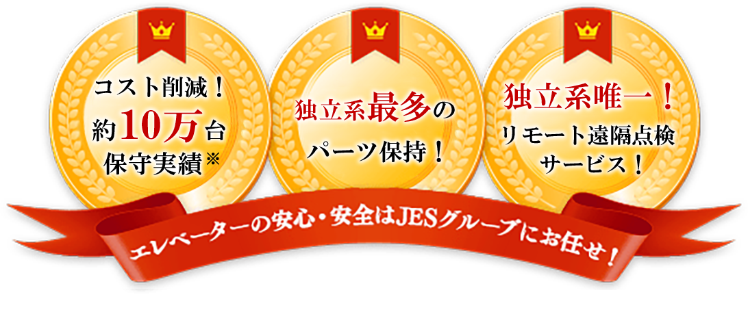 コスト削減!約100,230台保守実績※ 独立系No.1のパーツ保持! 独立系唯一!リモート点検サービス! エレベーターの安心・安全はJESグループにお任せ! ※2024年3月末時点